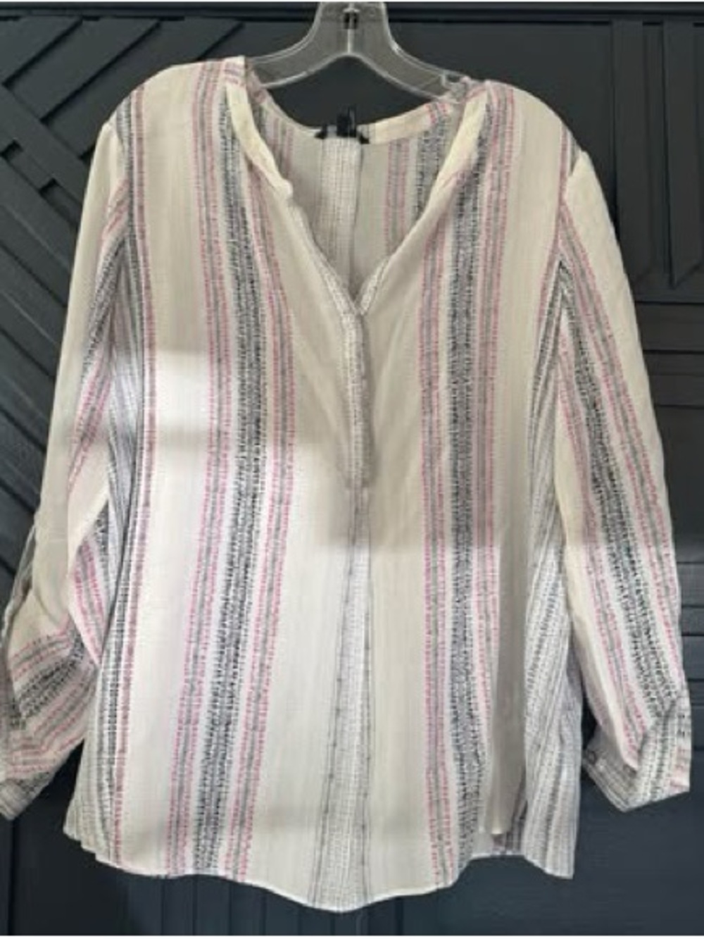 NIC+ZOE Cream Blouse with Pink & Gray Vertical Stripes